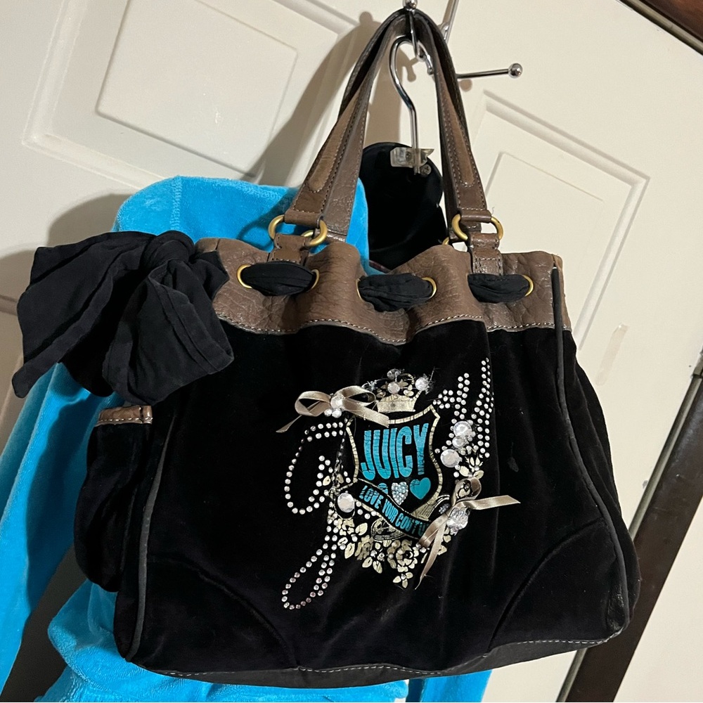 Y2K Rare Juicy Daydreamer Black Velour Leather Blihg and Bows